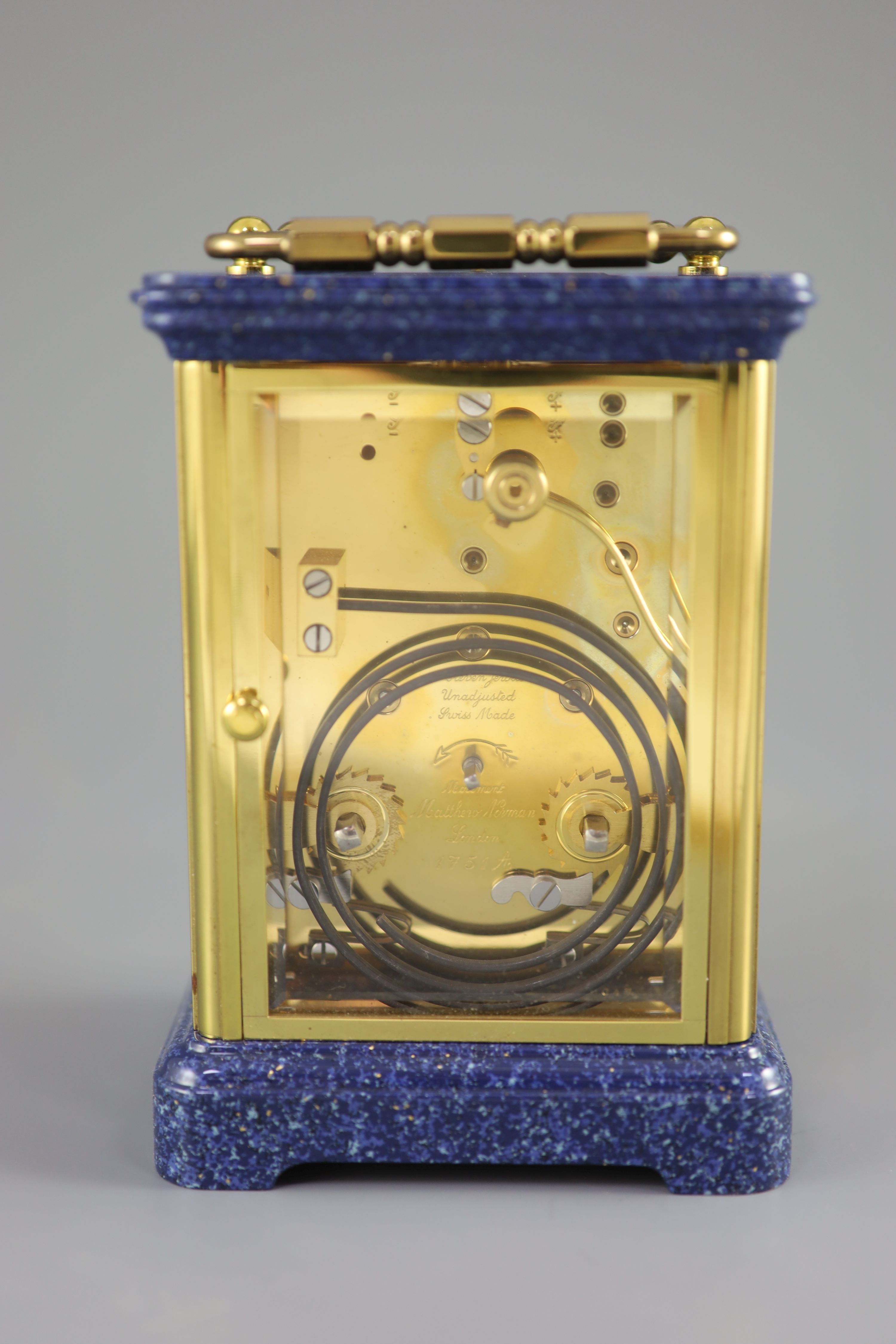 A 20th Century Swiss-made brass carriage clock, Matthew Norman, London, 13.5cm high